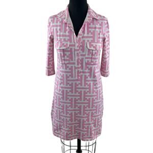 PERSIFOR White Pink Dress Stretch Geometric Collared 3/4 Sleeve Size X-Small XS
